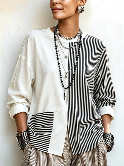 🤲LAST DAY SAVE 49% 🧡Chic Asymmetric Black And White Striped Statement Top