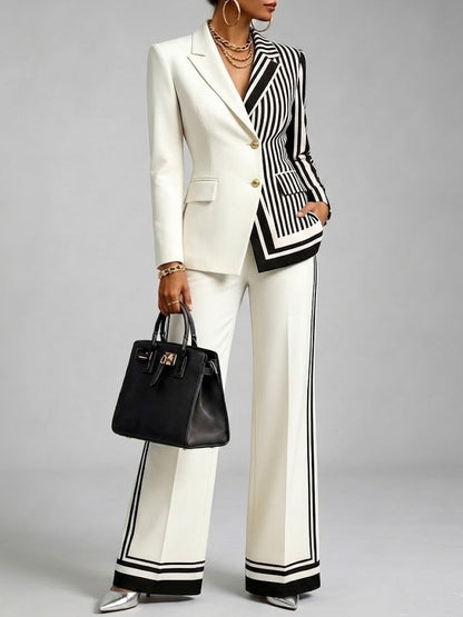 Chic And Sharp Color-blocked Striped Blazer And Trousers Two-piece Set