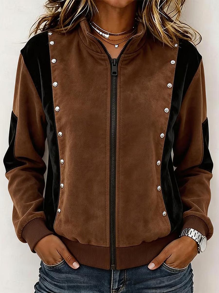 💛LAST DAY SAVE 49% ⏰Women's Color-block Stand-collar Long-sleeve Studded Loose Casual Cardigan