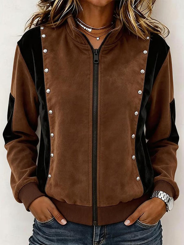 💛LAST DAY SAVE 49% ⏰Women's Color-block Stand-collar Long-sleeve Studded Loose Casual Cardigan