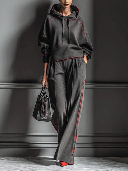 🤲LAST DAY SAVE 49% ⏰Chic Charcoal Grey Red-Trimmed Hooded Tracksuit Set— FREE Handbag
