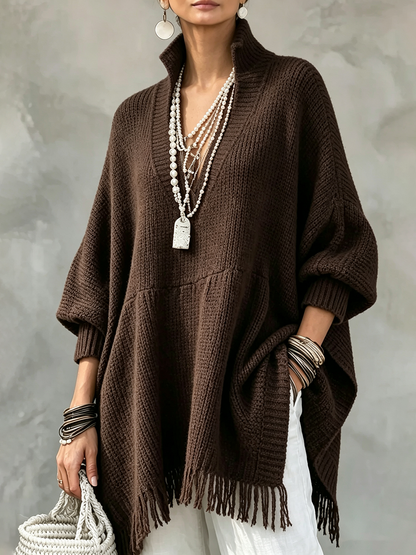 💛LAST DAY SAVE 49% ⏰Elegant Boho Batwing & Fringe Hem Oversized Long Sweater