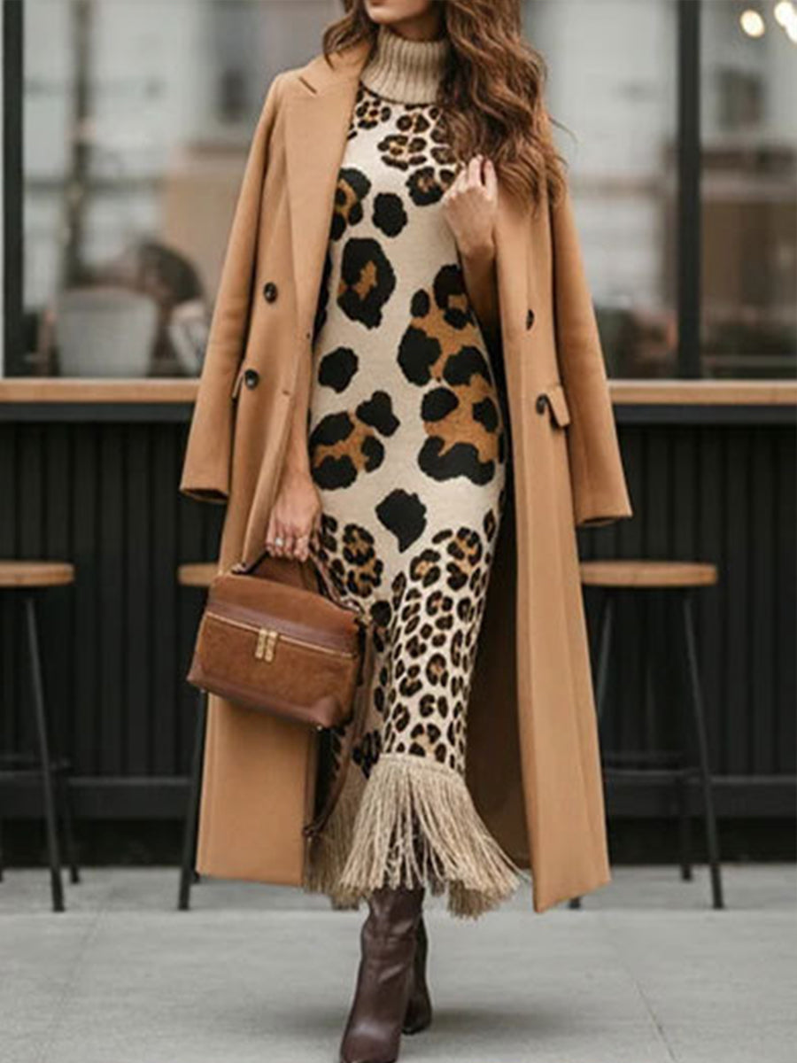 💛LAST DAY SAVE 49% ⏰Bohemian Leopard-print Sleeveless Turtleneck Knit Midi Dress-✨FREE Handbag