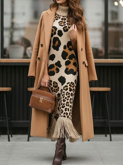 💛LAST DAY SAVE 49% ⏰Bohemian Leopard-print Sleeveless Turtleneck Knit Midi Dress-✨FREE Handbag