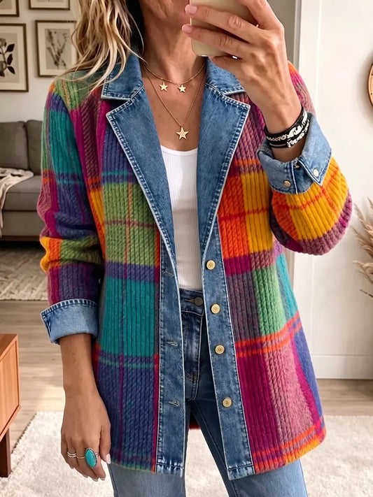 🤲LAST DAY SAVE 49%⏰ Vintage Denim & Plaid Patchwork Jacket – Chic, Versatile & Statement-Making