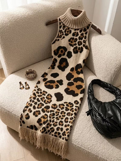 💛LAST DAY SAVE 49% ⏰Bohemian Leopard-print Sleeveless Turtleneck Knit Midi Dress-✨FREE Handbag