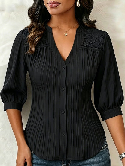 💛Lace-paneled V-neck Blouse Featuring Vertical Pleats, A Fitted Waist, And Puff Three-quarter Sleeves