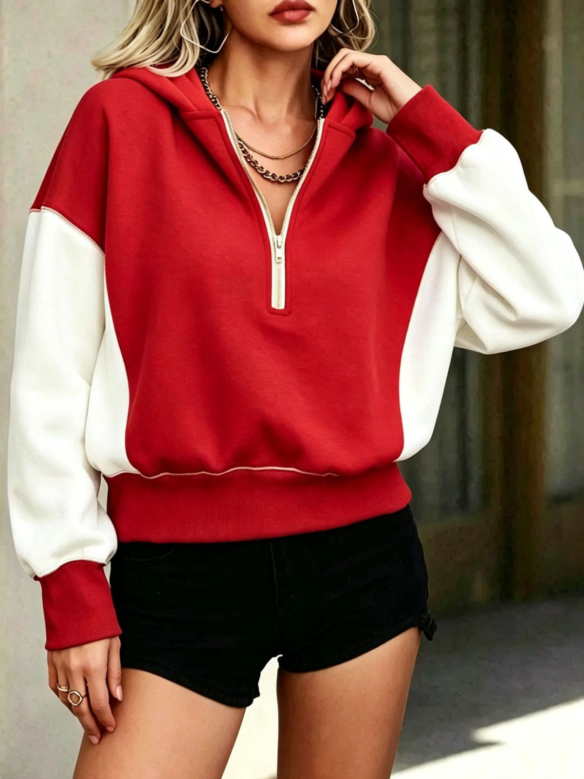 🤲LAST DAY SAVE 49% 🧡Chic Red and White Colorblock Quarter-Zip Hoodie