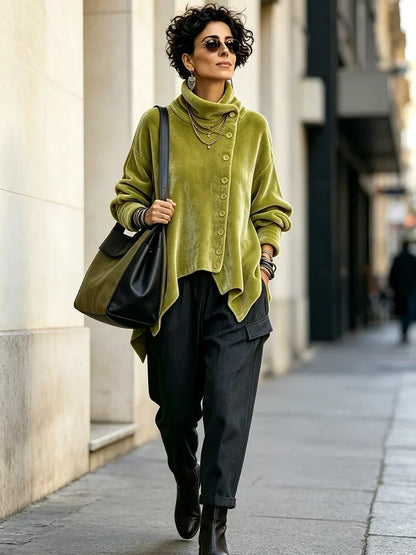 🤲LAST DAY SAVE 49% 🌸🤎Vintage Abstract Print Asymmetrical Turtleneck Top