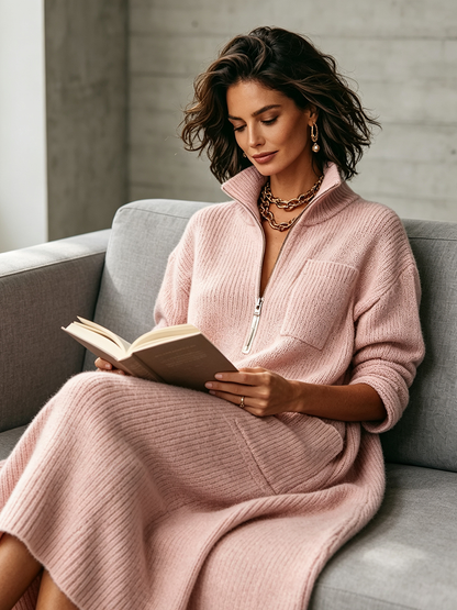 🤲LAST DAY SAVE 49% ⏰Elegant Quarter-zip High Collar Oversized Knit Midi Dress