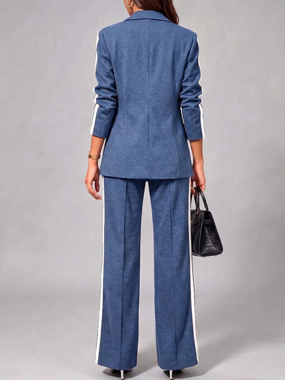 Women's Collared Long-sleeved Casual Loose Color-blocked Jacket And High-waisted Casual Loose Color-blocked Wide-leg Pants Suit