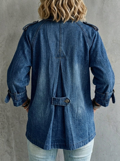 Vintage Washed Denim Pea Coat – Lapel Collar Utility Jacket