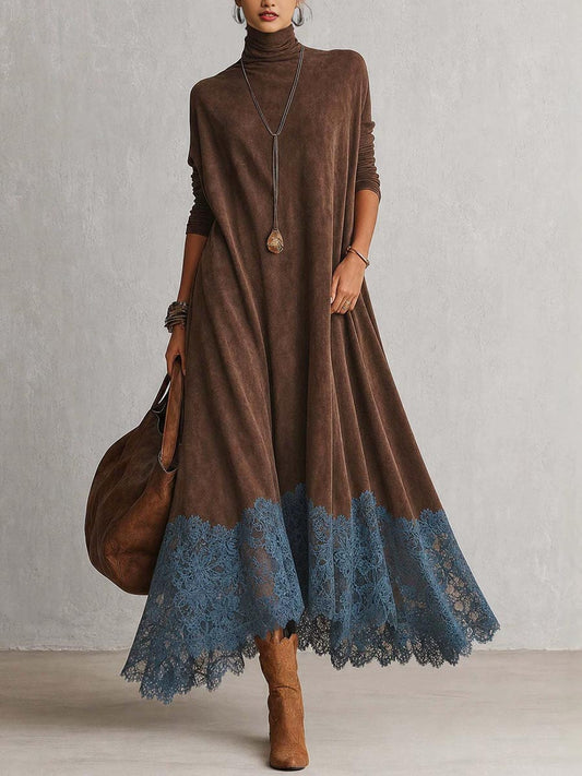 💛LAST DAY SAVE 49% ⏰Women's Casual Loose-fit A-line Dress With Lace Paneling, High Neck, And Long Sleeves-Free bag🎁