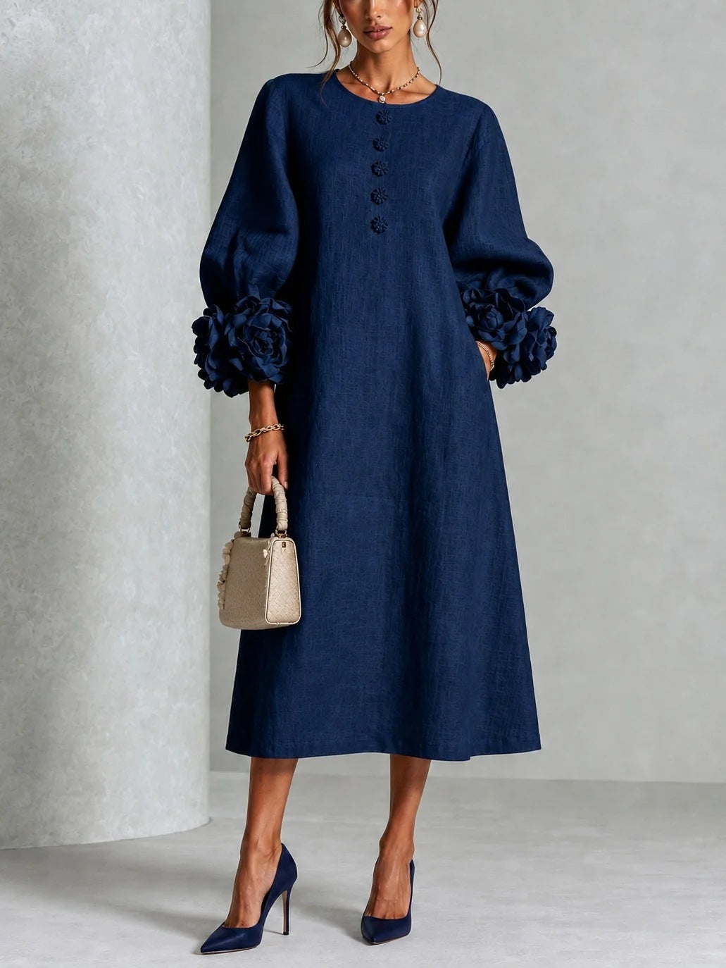 🤲LAST DAY SAVE 49% ⏰3D Floral Cuff Midi Dress – Relaxed A-Line Button Front