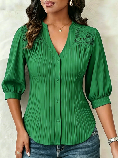 💛Lace-paneled V-neck Blouse Featuring Vertical Pleats, A Fitted Waist, And Puff Three-quarter Sleeves