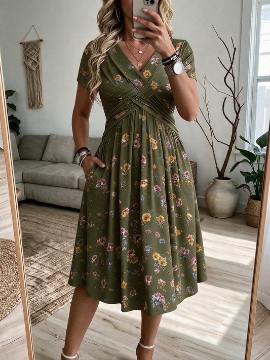 💛Women's V-Neck Floral Print Dress with Twist Waist
