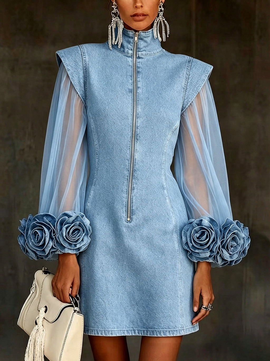 🤲LAST DAY SAVE 49% ⏰Romantic 3d Floral Denim Mesh Sleeve Zip-up Dress