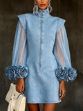 🤲LAST DAY SAVE 49% ⏰Romantic 3d Floral Denim Mesh Sleeve Zip-up Dress