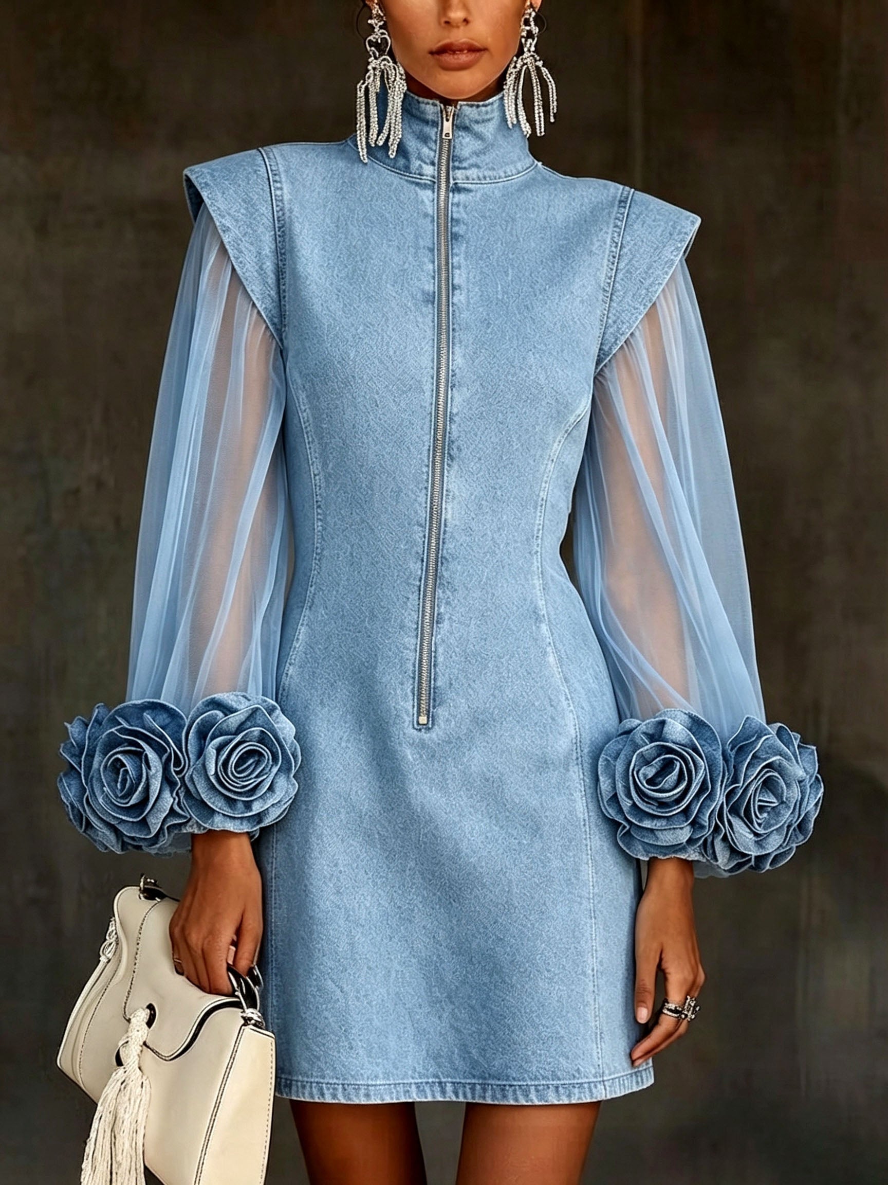 🤲LAST DAY SAVE 49% ⏰Romantic 3d Floral Denim Mesh Sleeve Zip-up Dress
