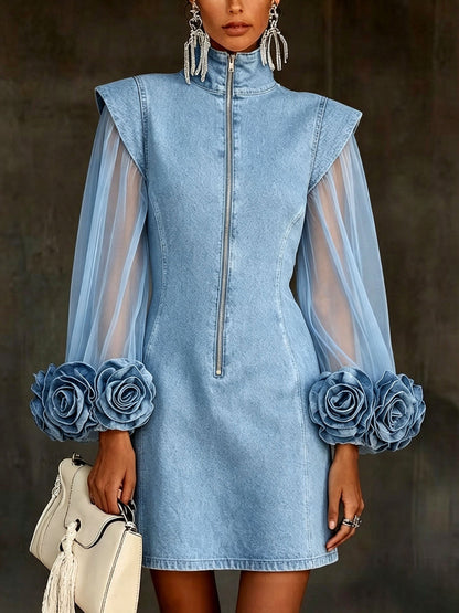 🤲LAST DAY SAVE 49% ⏰Romantic 3d Floral Denim Mesh Sleeve Zip-up Dress