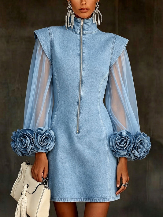 🤲LAST DAY SAVE 49% ⏰Romantic 3d Floral Denim Mesh Sleeve Zip-up Dress