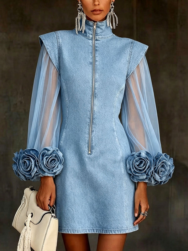 🤲LAST DAY SAVE 49% ⏰Romantic 3d Floral Denim Mesh Sleeve Zip-up Dress