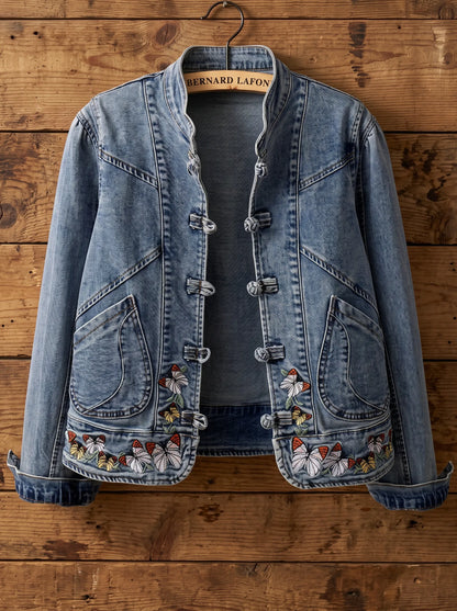 Retro Washed Denim Jacket with Butterfly Embroidery & Mandarin Knot Closure