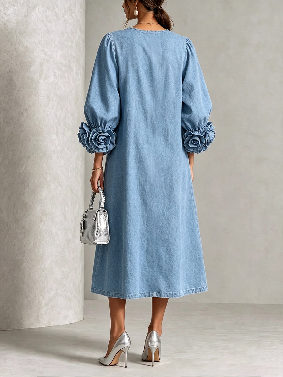 🤲LAST DAY SAVE 49% ⏰Chic Chambray Denim 3D Rosette Sleeve Midi Dress