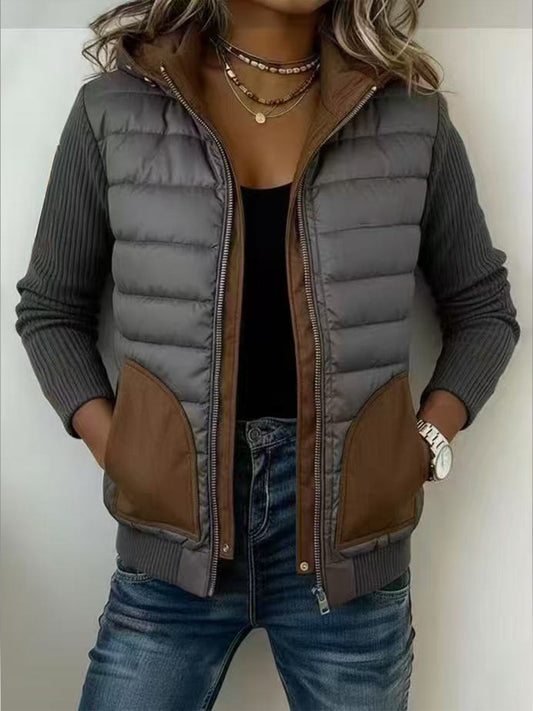 Casual Quilted Hooded Jacket With Knit Panels