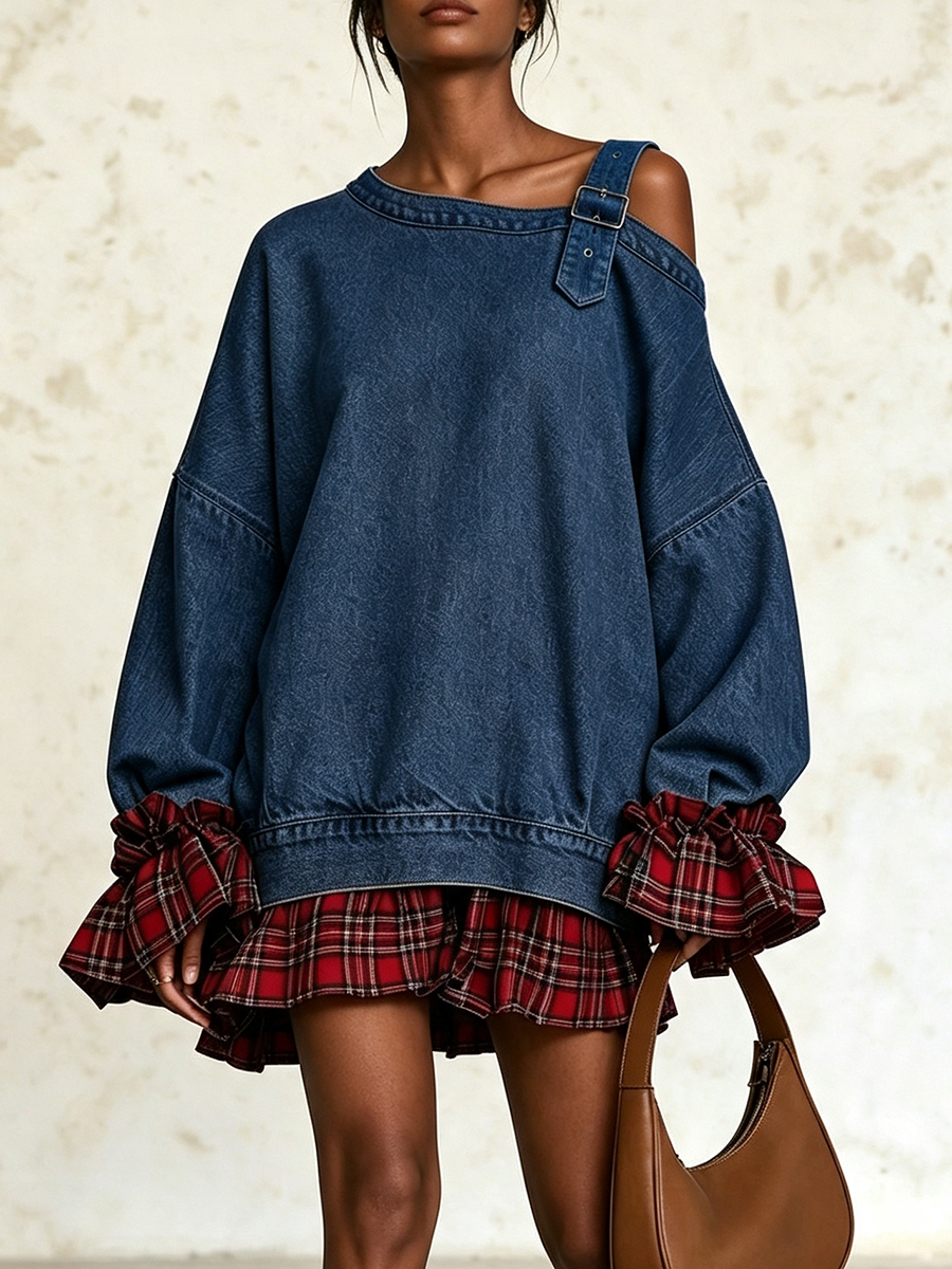 🤲LAST DAY SAVE 49% ⏰Edgy Buckle Strap Asymmetrical Denim Mini Dress