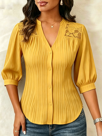 💛Lace-paneled V-neck Blouse Featuring Vertical Pleats, A Fitted Waist, And Puff Three-quarter Sleeves