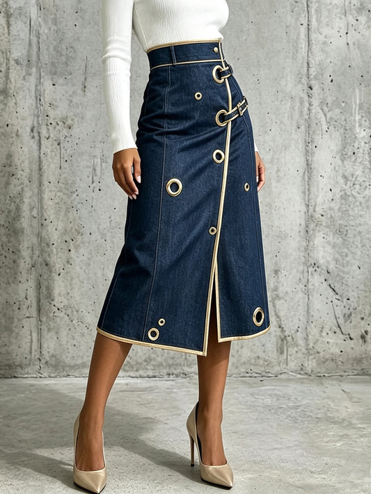 🤲LAST DAY SAVE 49% ⏰Chic And Refined Denim Midi Skirt With Gold Piping.