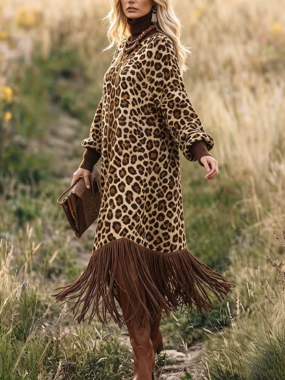 💛LAST DAY SAVE 49% ⏰Boho Chic Wild Leopard Fringe Dress— FREE Handbag