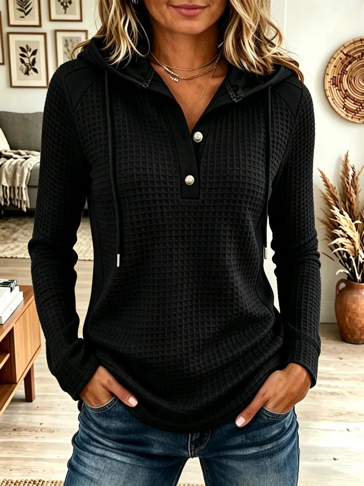 💛LAST DAY SAVE 49% ⏰Women's Waffle Knit Colorblock Henley Hoodie