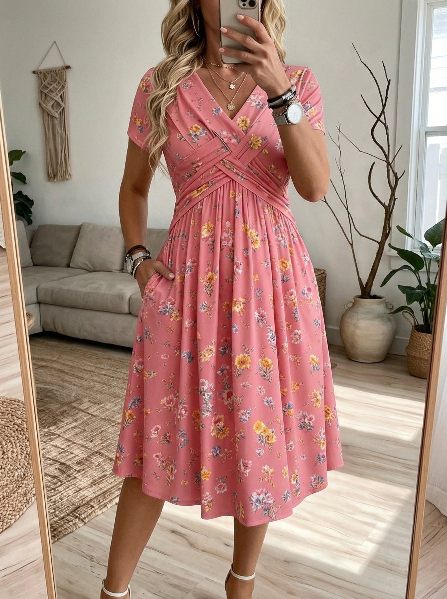 💛Women's V-Neck Floral Print Dress with Twist Waist