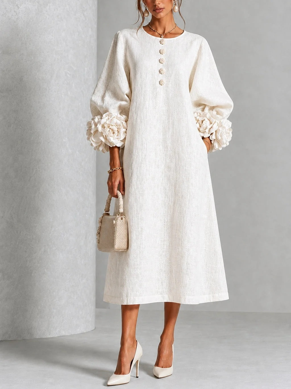 🤲LAST DAY SAVE 49% ⏰3D Floral Cuff Midi Dress – Relaxed A-Line Button Front