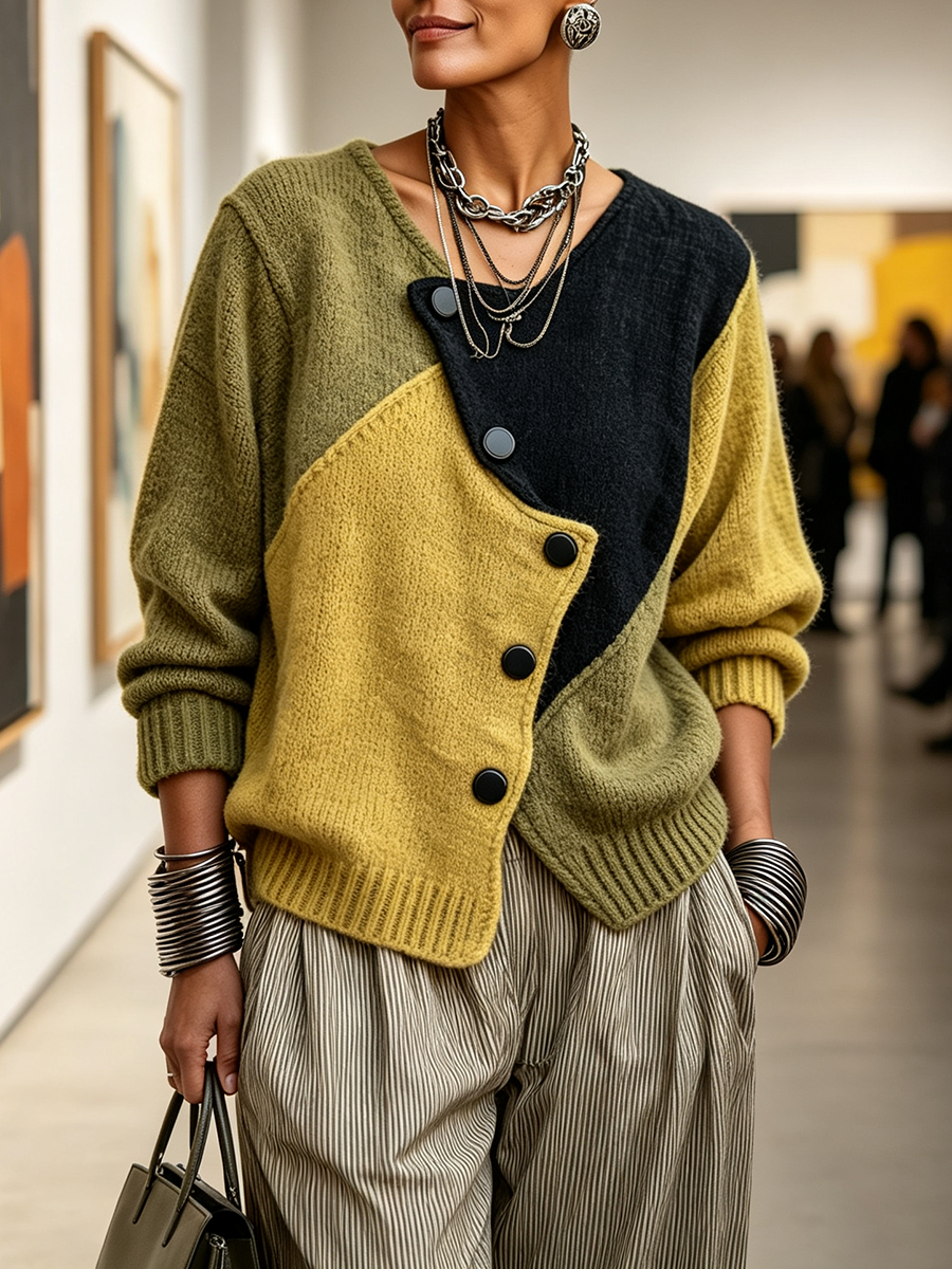 🤲LAST DAY SAVE 49% 🧡Artisti Cozy Asymmetric Color-block Knit Sweater