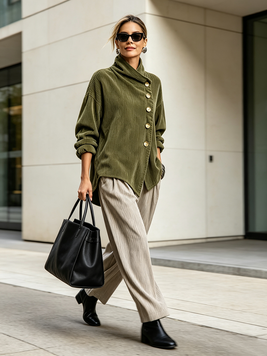 🅶Women's Corduroy Button-Up Top | Relaxed Asymmetrical Wrap Collar Shirt