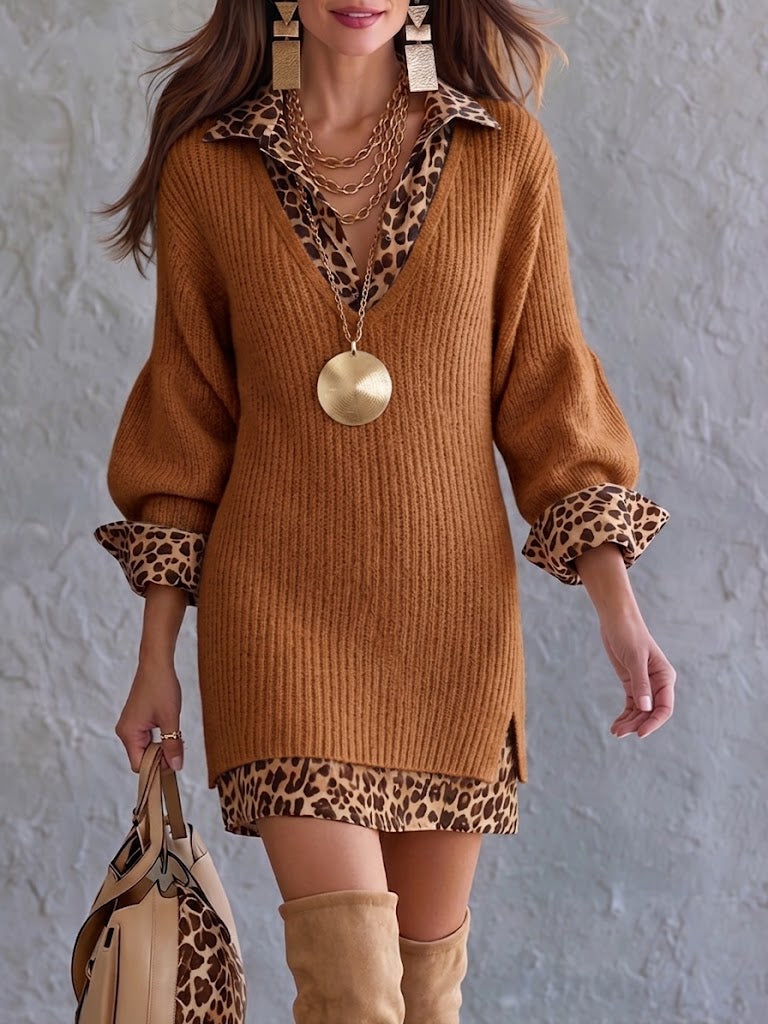 💛Stylish And Cozy Color-block Leopard Print Mini Knit Dress