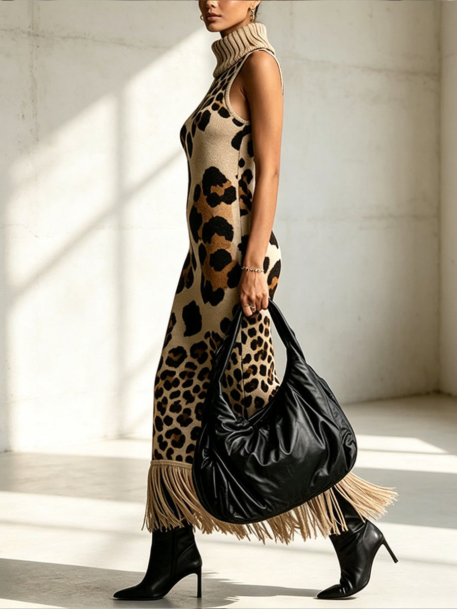 💛LAST DAY SAVE 49% ⏰Bohemian Leopard-print Sleeveless Turtleneck Knit Midi Dress-✨FREE Handbag