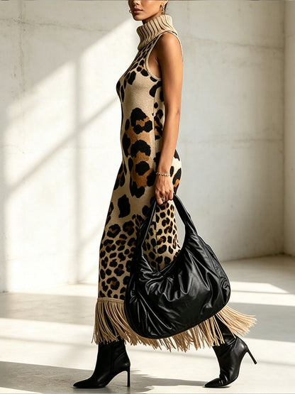 💛LAST DAY SAVE 49% ⏰Bohemian Leopard-print Sleeveless Turtleneck Knit Midi Dress-✨FREE Handbag