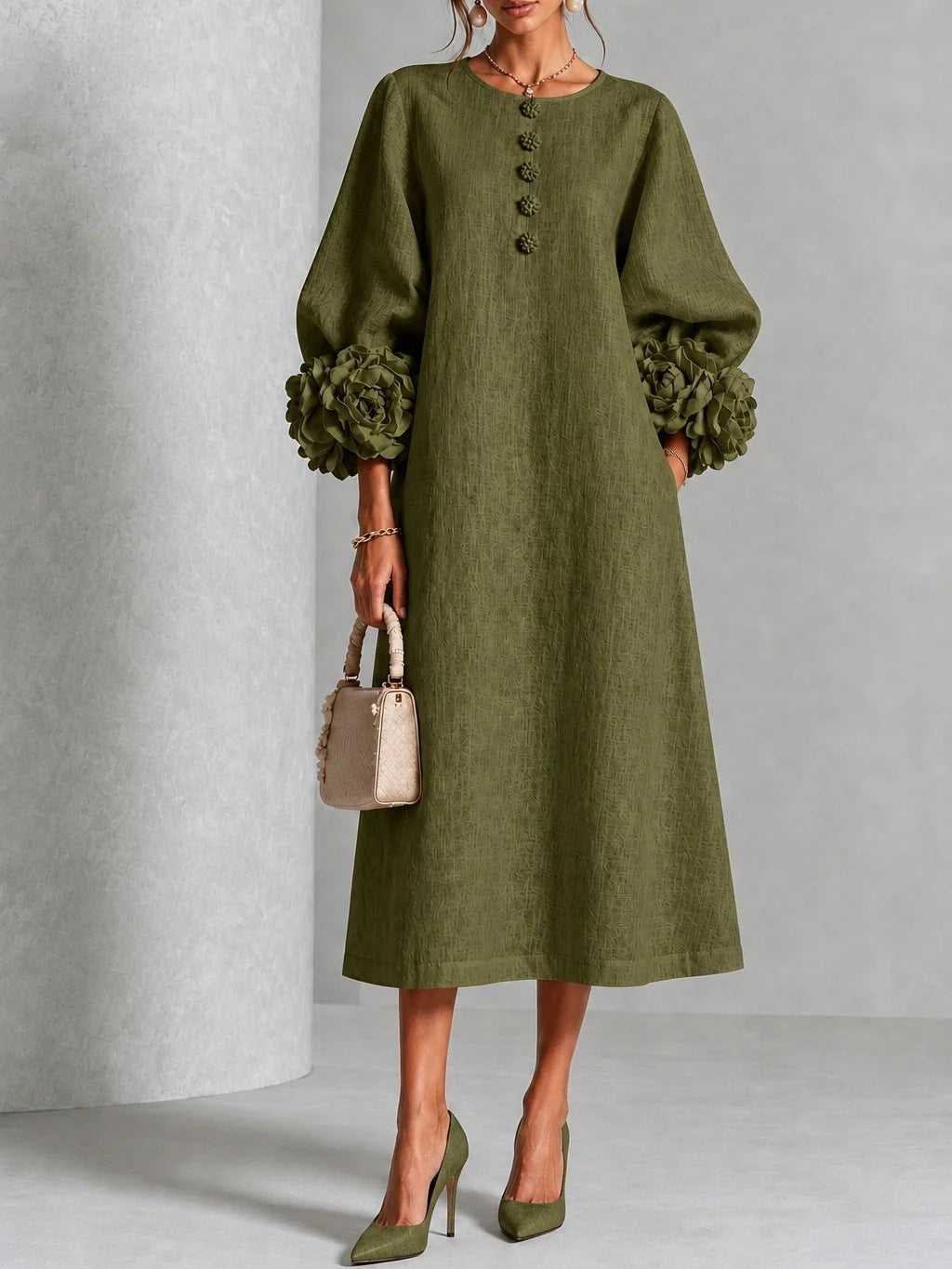 🤲LAST DAY SAVE 49% ⏰3D Floral Cuff Midi Dress – Relaxed A-Line Button Front