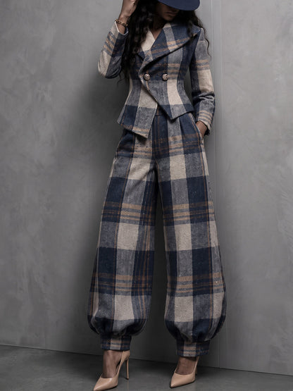 💛LAST DAY SAVE 49% ⏰🏆 Plaid Blazer & Balloon Pants Set — FREE Hat Included 🎁