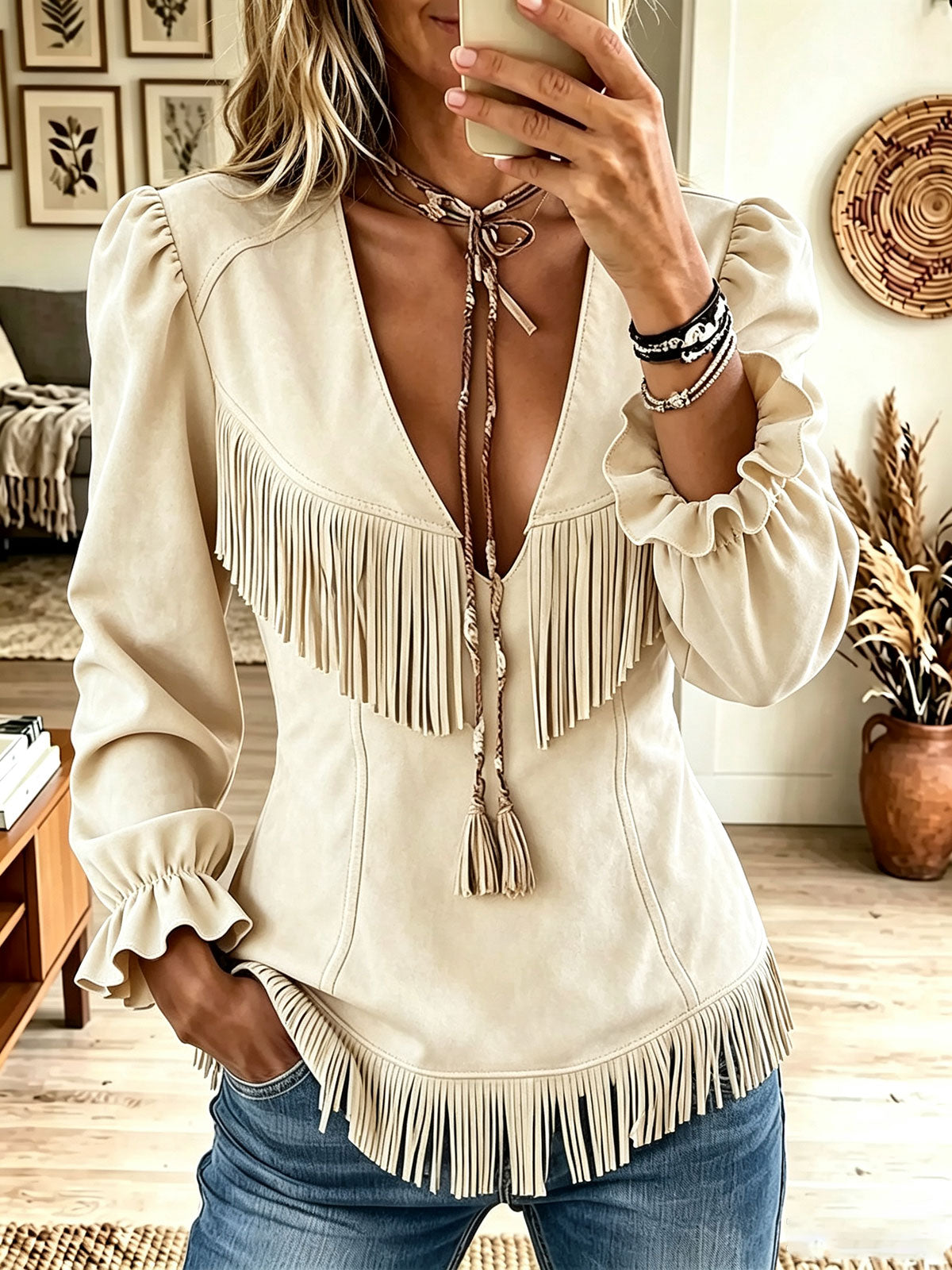 🤲LAST DAY SAVE 49% ⏰Women Western Faux Suede Fringe V Neck Tie Ruffle Long Sleeve Top
