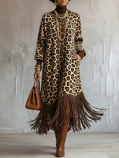 💛LAST DAY SAVE 49% ⏰Boho Chic Wild Leopard Fringe Dress— FREE Handbag