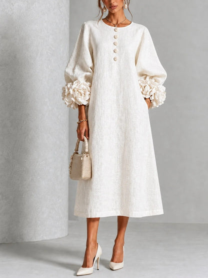 🤲LAST DAY SAVE 49% ⏰Chic Chambray Denim 3D Rosette Sleeve Midi Dress