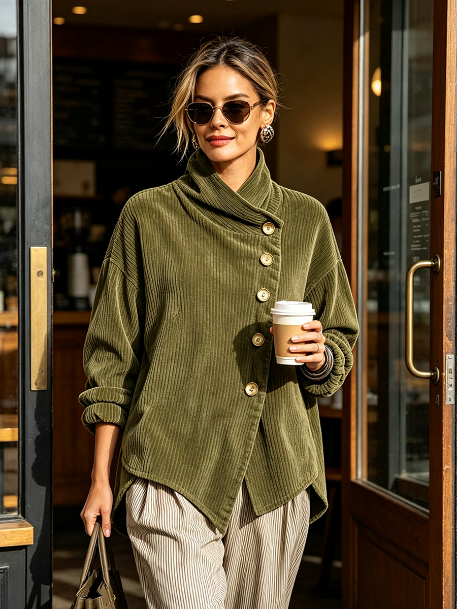 🅶Women's Corduroy Button-Up Top | Relaxed Asymmetrical Wrap Collar Shirt