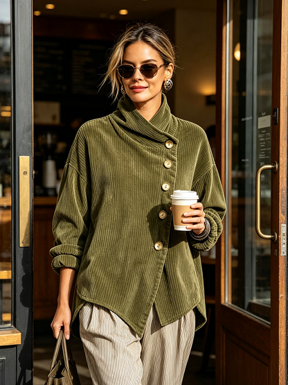 🅶Women's Corduroy Button-Up Top | Relaxed Asymmetrical Wrap Collar Shirt
