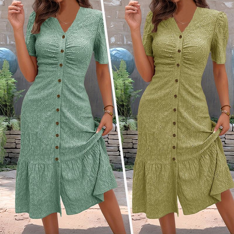 ✨✨Women's Button-Up V-Neck Short Sleeve Midi Dress