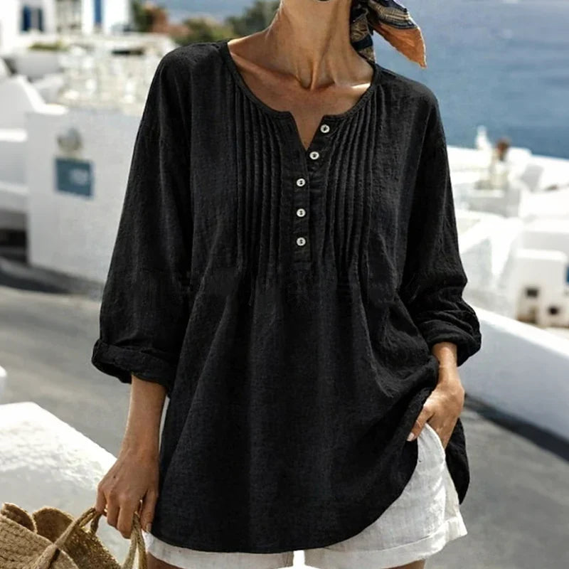 💚Women's Casual Pleated Henley Blouse – Long Sleeve Relaxed Fit Top
